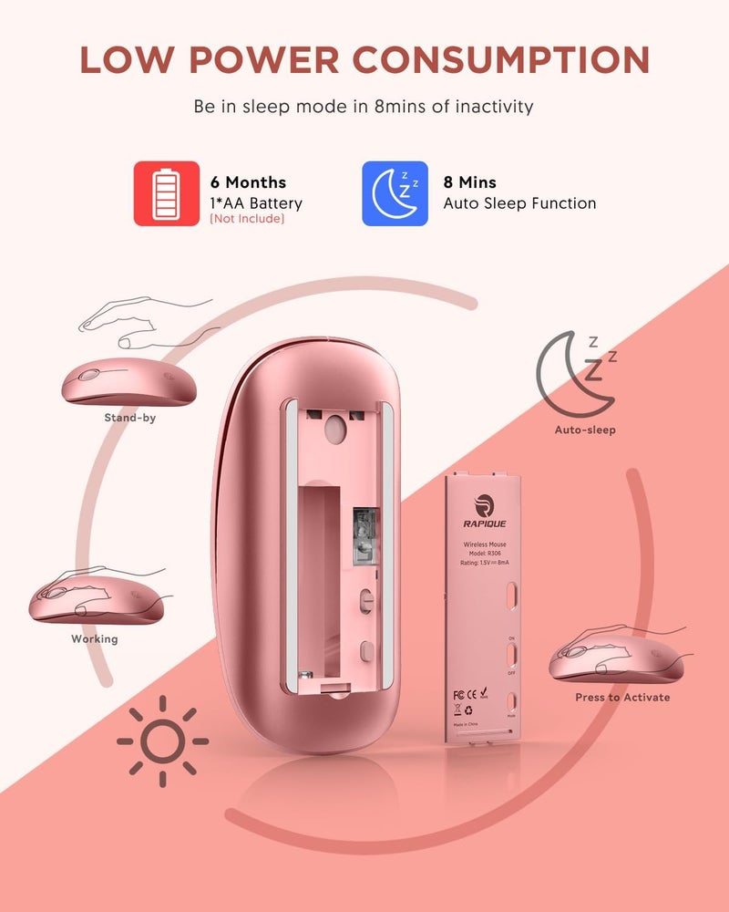 RAPIQUE Bluetooth Wireless Mouse - (BT5.1+USB) Dual Connectivity, Quiet Click, Low Power, and 1600 DPI, Portable Cordless Mouse for Mac, Laptop, MacBook Pro/Air, iPad (Rose Gold) - Image 5
